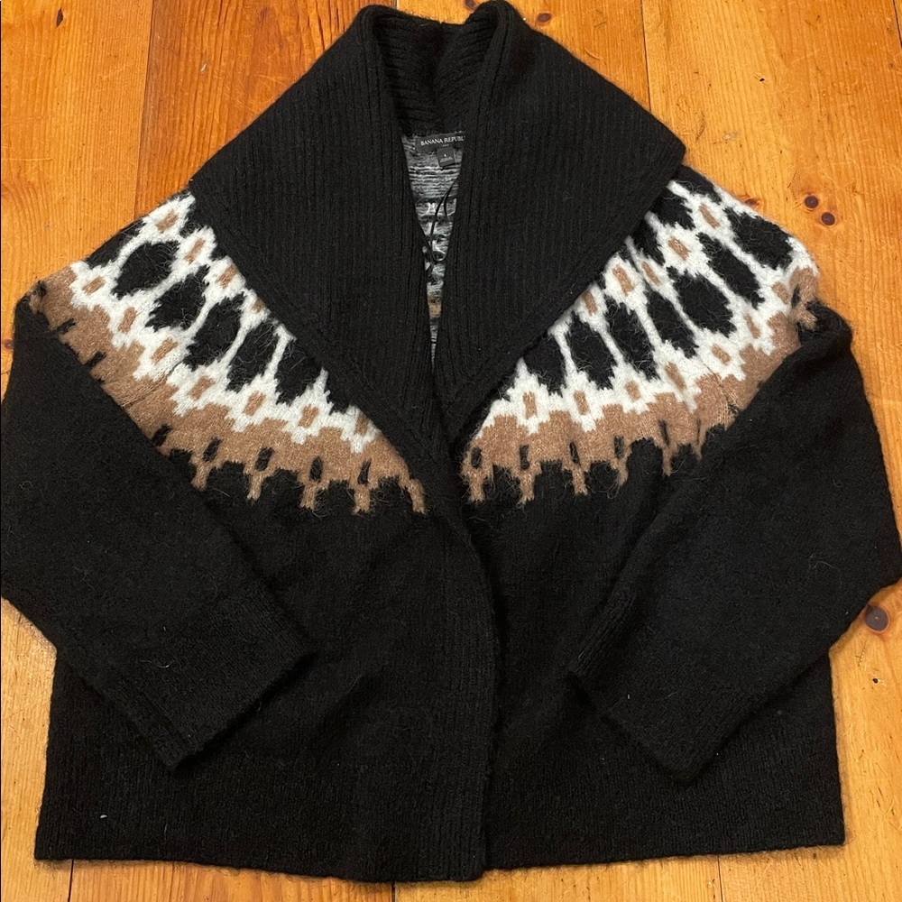 Banana Republic Fair Isle Sweater Cardigan Cowl Shawl Collar Black Tan Sz L